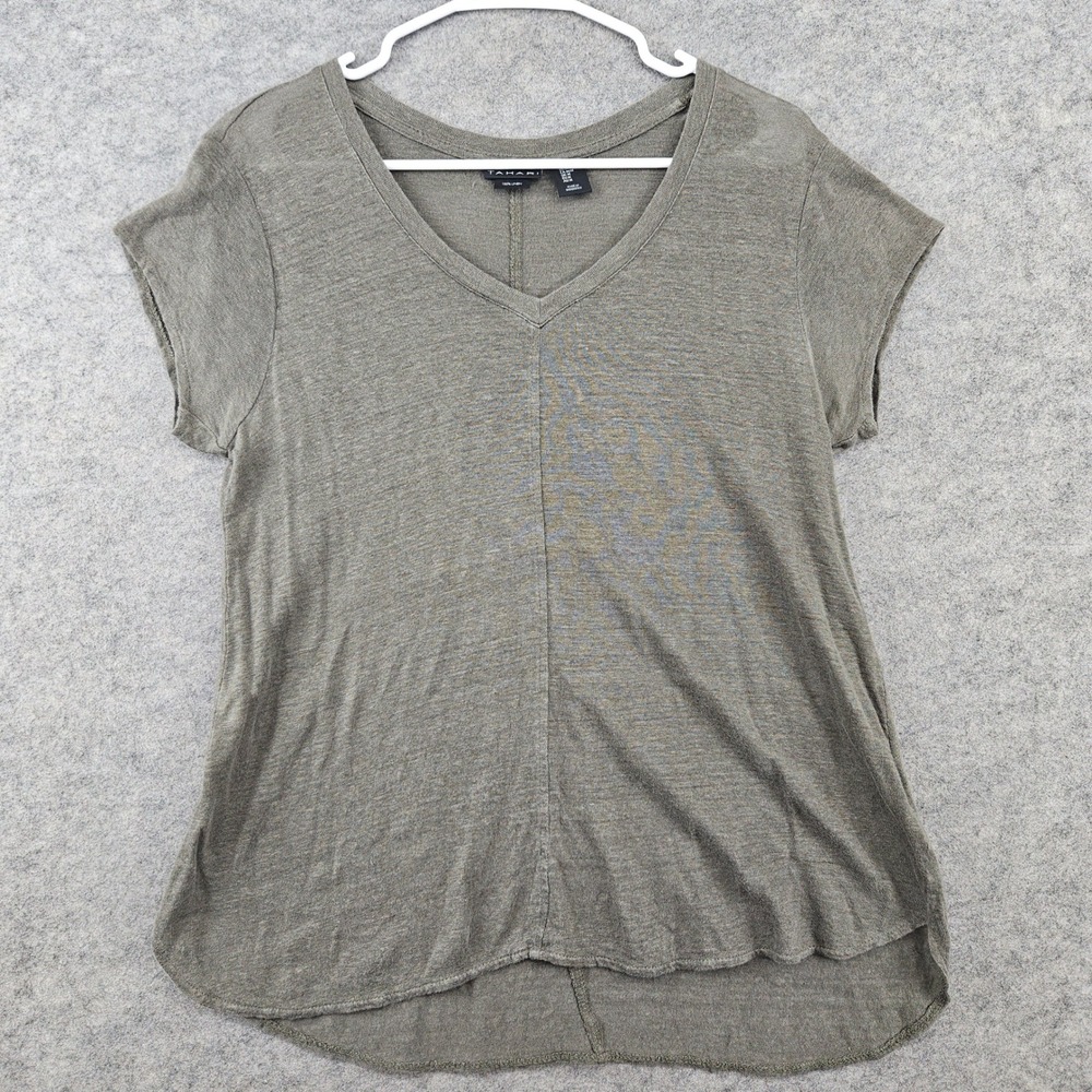 Tahari V-Neck Top Women's Medium Olive Green 100% Linen Short Sleeve Center Seam